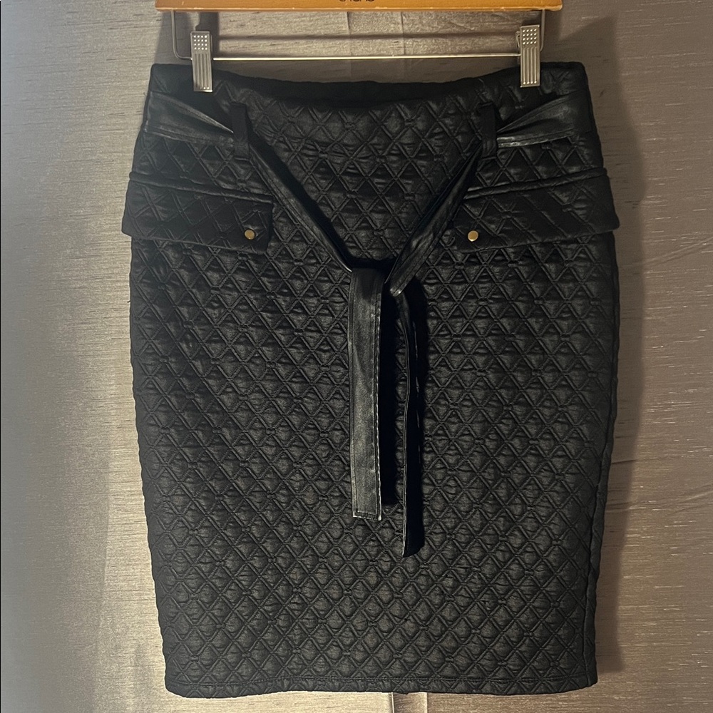 NYC Black Quilted sheen Pencil Skirt with some spandex, faux leather belt SizeM